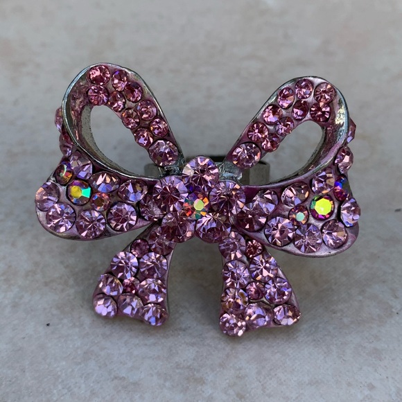 Boutique Jewelry - Statement Silver Tone Pink Crystal Bow Adjustable Size Ring